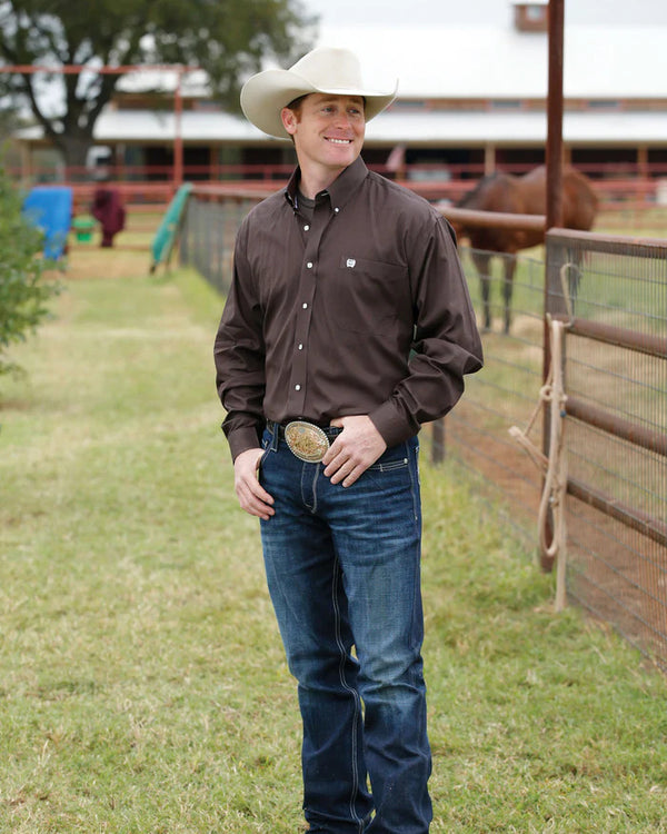 Cinch Men's Classic Fit Long Sleeve Solid Brown Shirt : XXXL