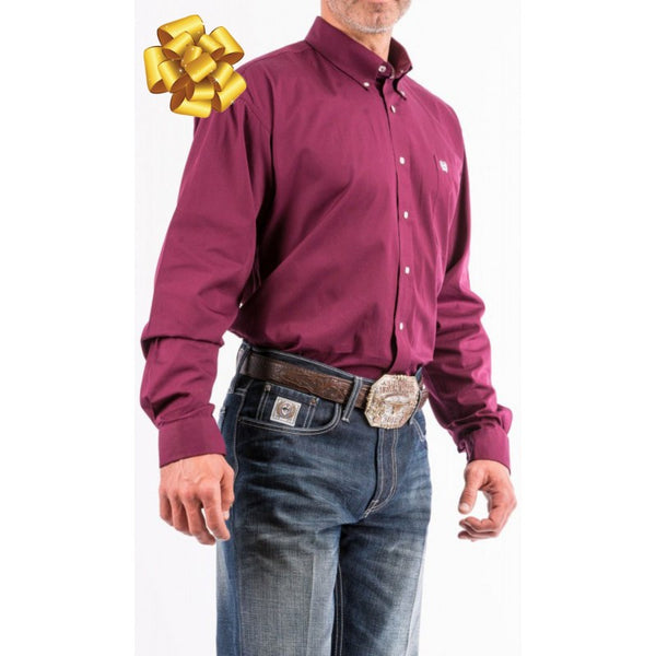 Cinch Men's Classic Fit Long Sleeve Solid Burgundy Shirt : Large