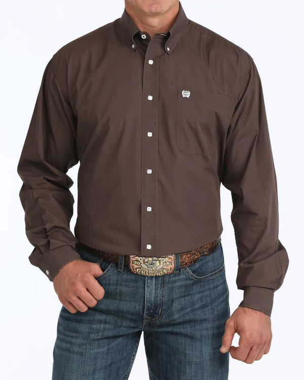 Cinch Men's Classic Fit Long Sleeve Solid Brown Shirt : Medium