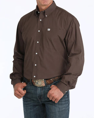 Cinch Men's Classic Fit Long Sleeve Solid Brown Shirt : Medium