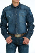 Cinch Men's Shirt Long Sleeve Stonewash Denim - Large