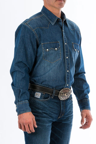 Cinch Men's Shirt Long Sleeve Herringbone Denim - Medium